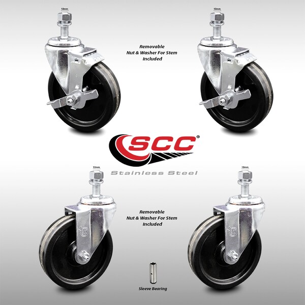 Service Caster 5 Inch SS Phenolic Wheel Swivel 12mm Threaded Stem Caster Brakes SCC, 2PK SCC-SSTS20S514-PHS-M1215-2-TLB-2 - main